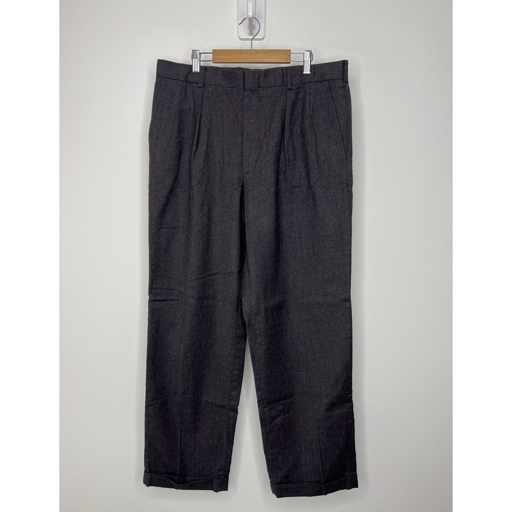 Vintage Lands End Pants Mens 35x29 Gray Wool Trousers Pleated Cuffed Made In USA